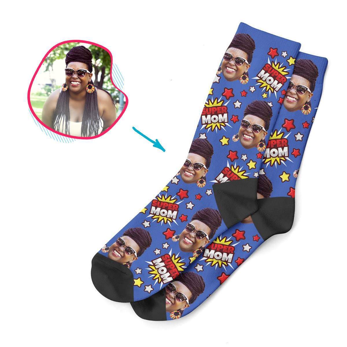 darkblue Super Mom socks personalized with photo of face printed on them