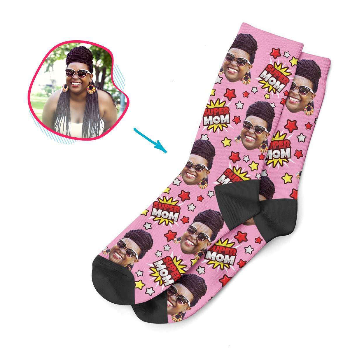 pink Super Mom socks personalized with photo of face printed on them