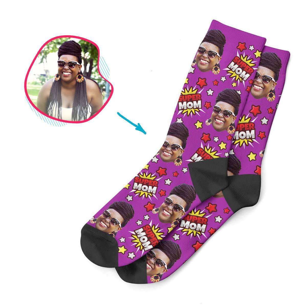 purple Super Mom socks personalized with photo of face printed on them