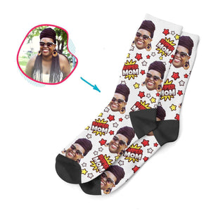 white Super Mom socks personalized with photo of face printed on them