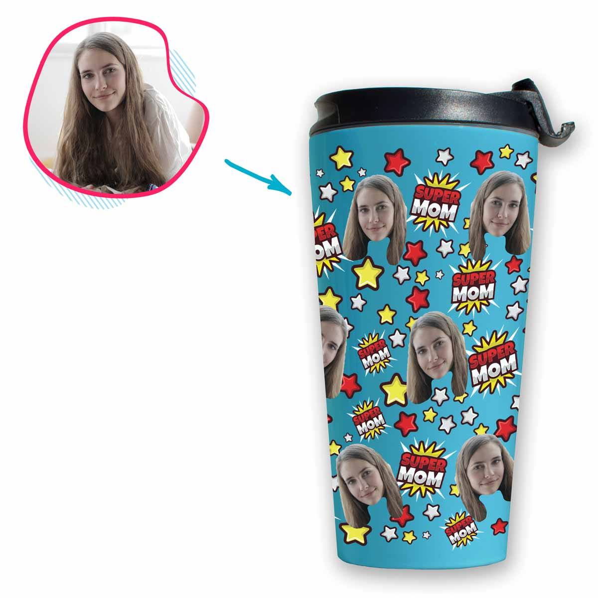 blue Super Mom travel mug personalized with photo of face printed on it