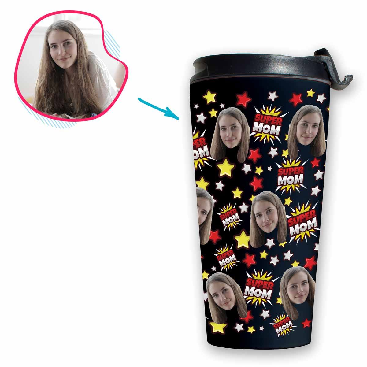 dark Super Mom travel mug personalized with photo of face printed on it