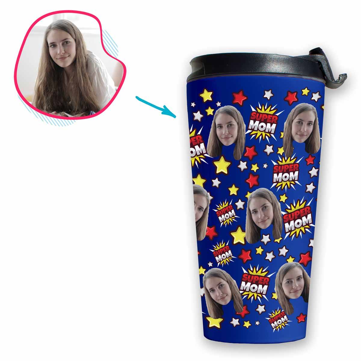 darkblue Super Mom travel mug personalized with photo of face printed on it