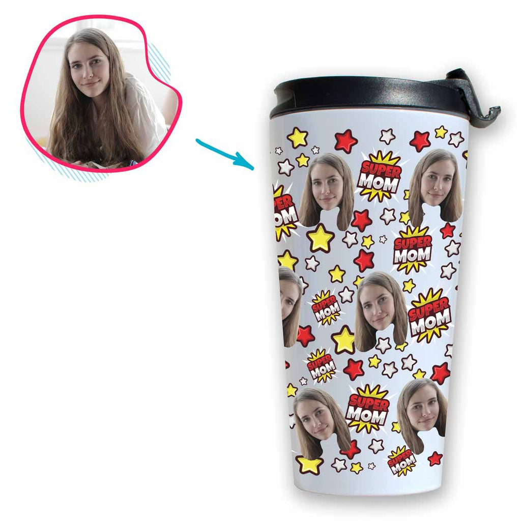 white Super Mom travel mug personalized with photo of face printed on it