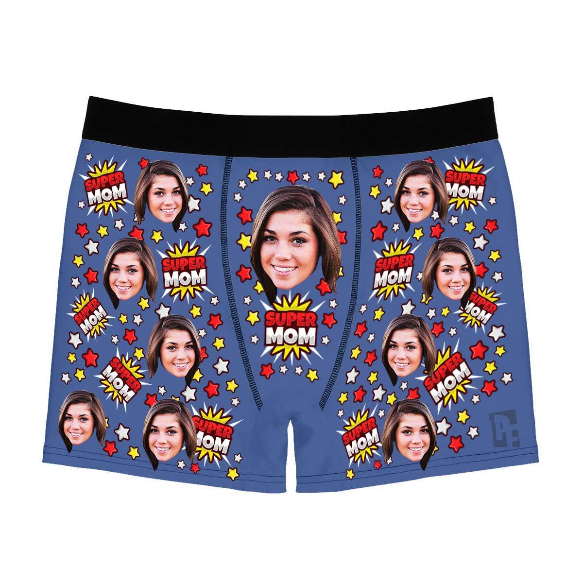 Darkblue Super mom men's boxer briefs personalized with photo printed on them