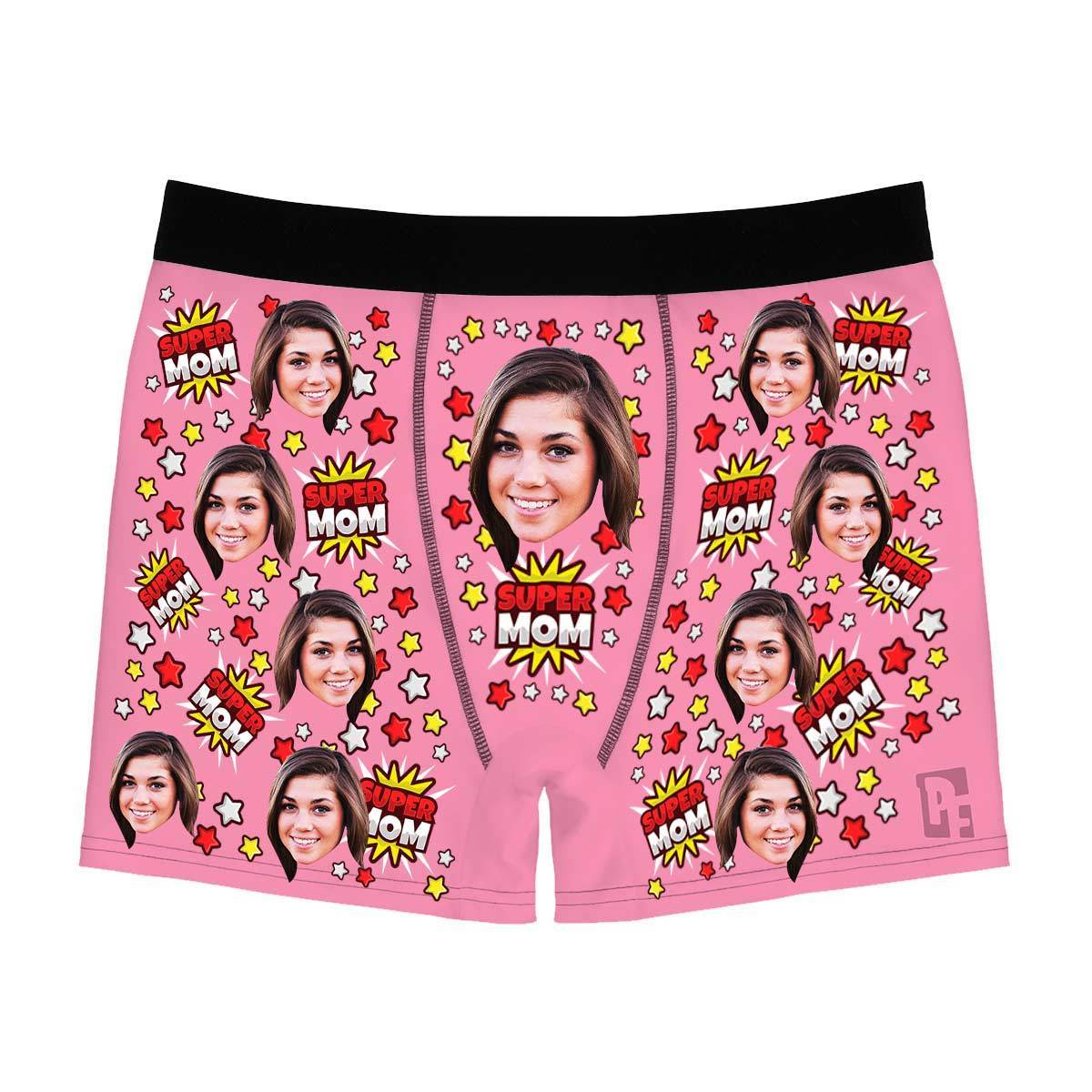 Pink Super mom men's boxer briefs personalized with photo printed on them