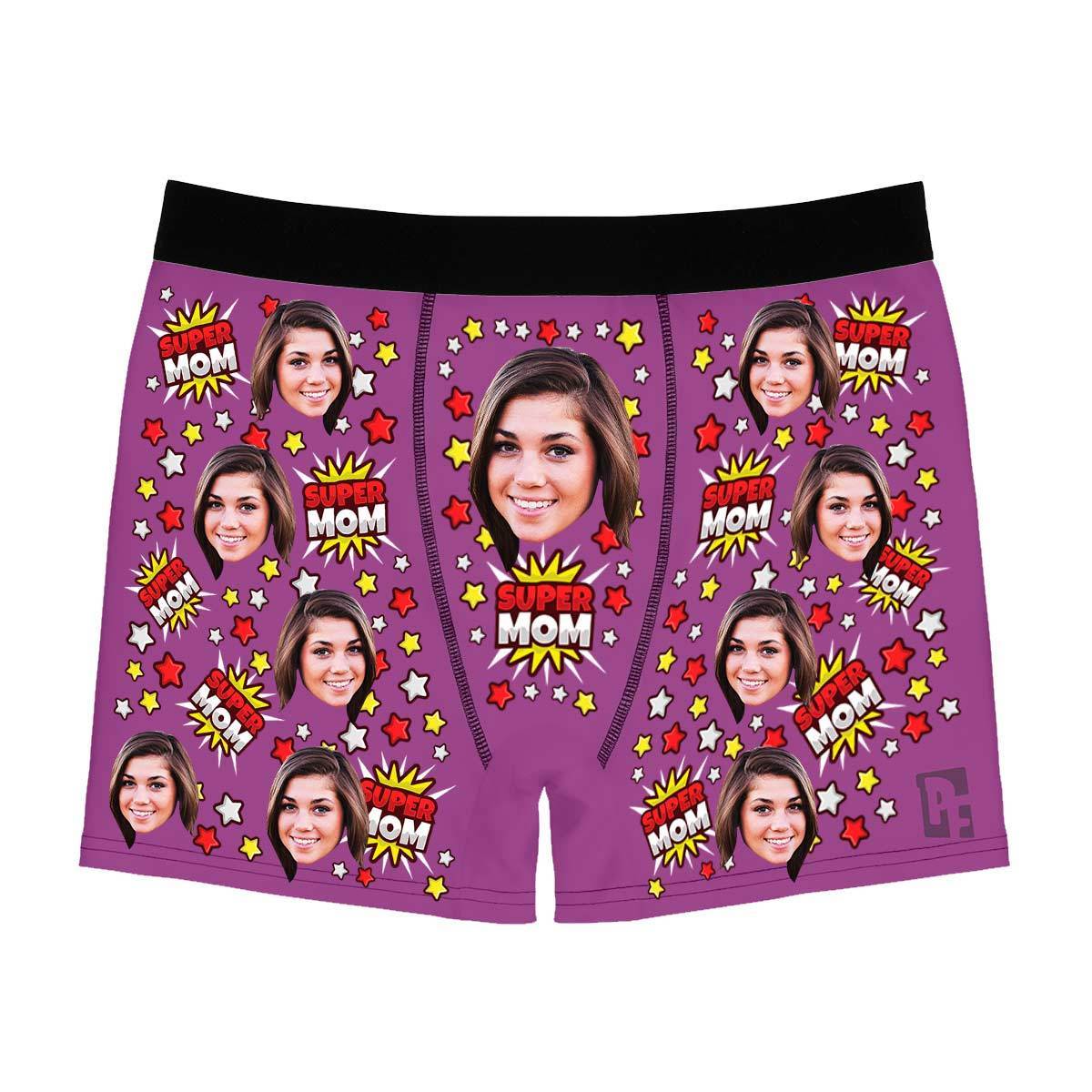 Purple Super mom men's boxer briefs personalized with photo printed on them
