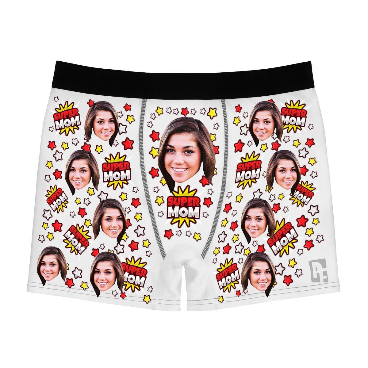 White Super mom men's boxer briefs personalized with photo printed on them