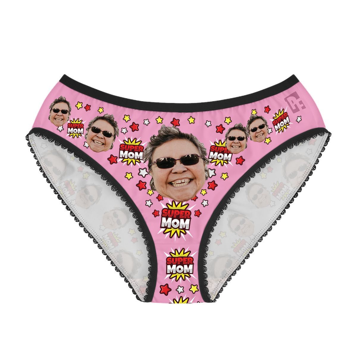 Pink Super mom women's underwear briefs personalized with photo printed on them