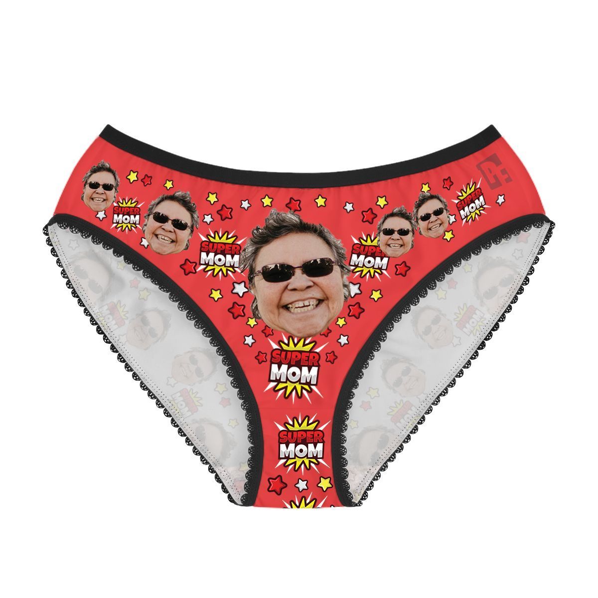 Red Super mom women's underwear briefs personalized with photo printed on them