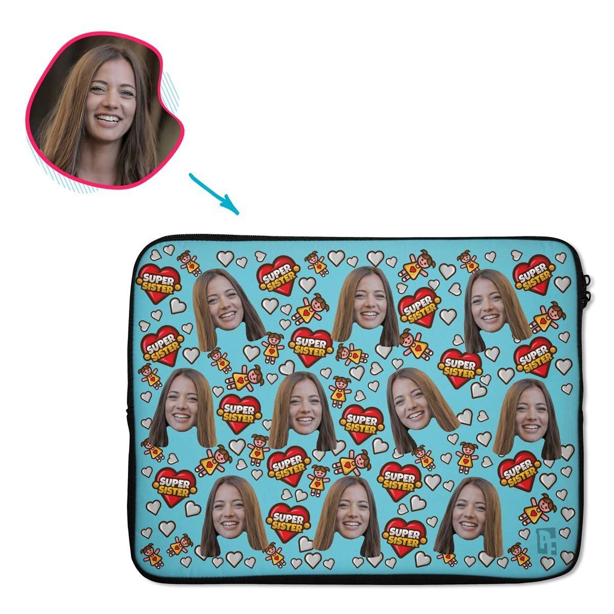 blue Super Sister laptop sleeve personalized with photo of face printed on them