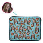 Load image into Gallery viewer, blue Super Sister laptop sleeve personalized with photo of face printed on them
