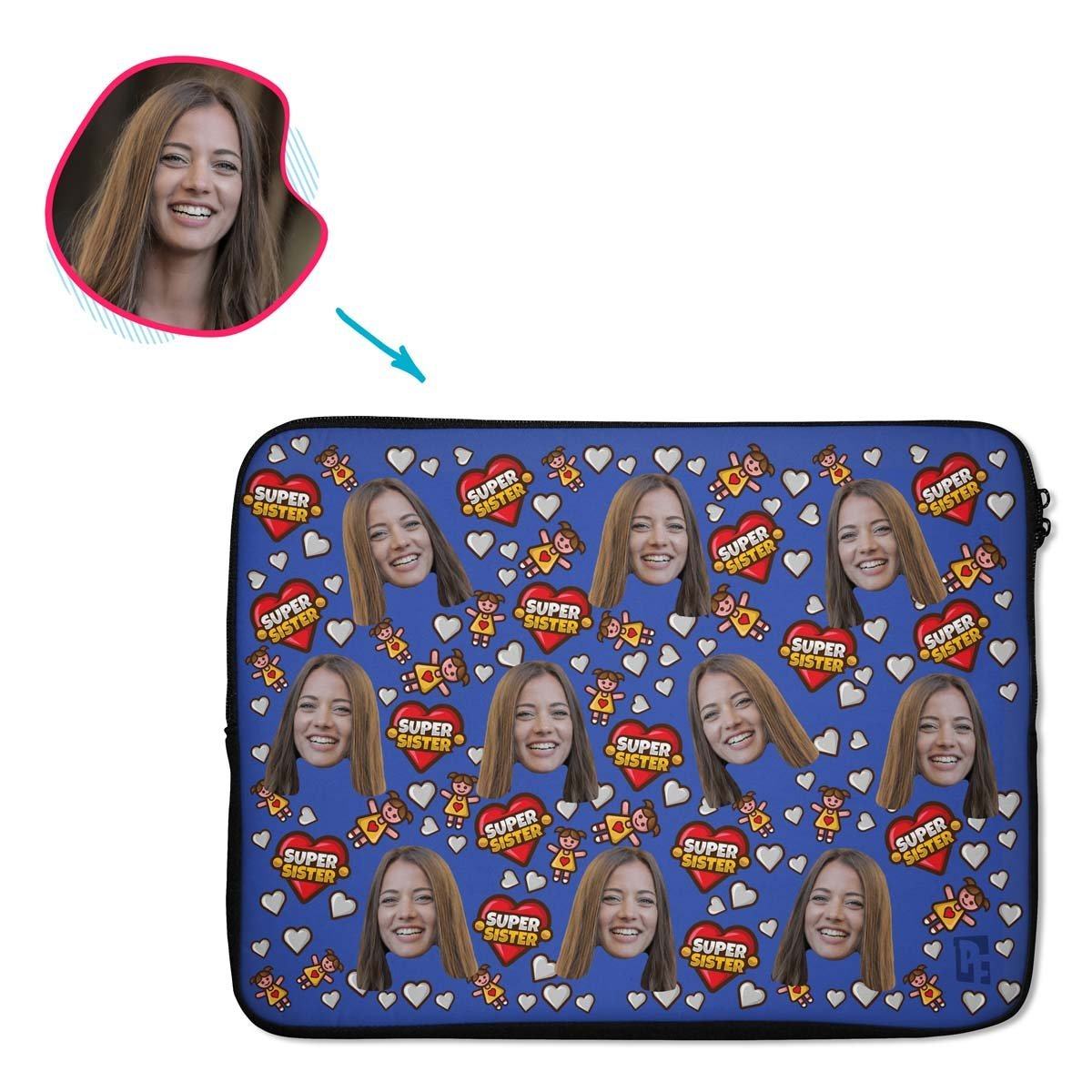 darkblue Super Sister laptop sleeve personalized with photo of face printed on them