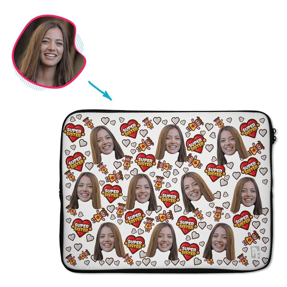 white Super Sister laptop sleeve personalized with photo of face printed on them