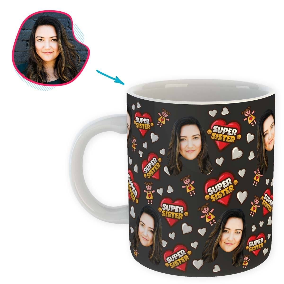 dark Super Sister mug personalized with photo of face printed on it