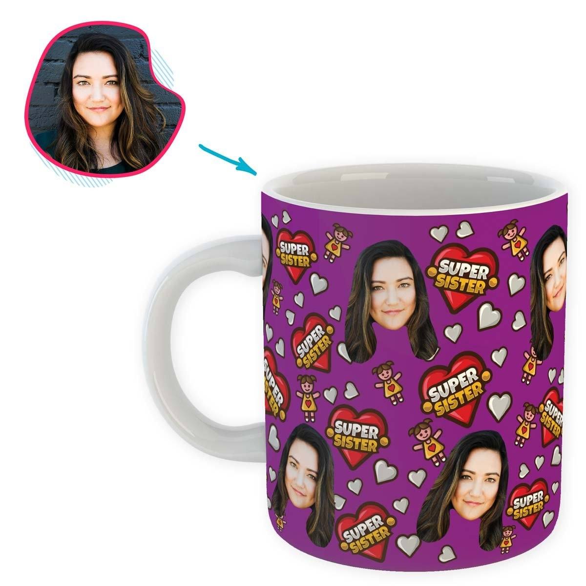 purple Super Sister mug personalized with photo of face printed on it