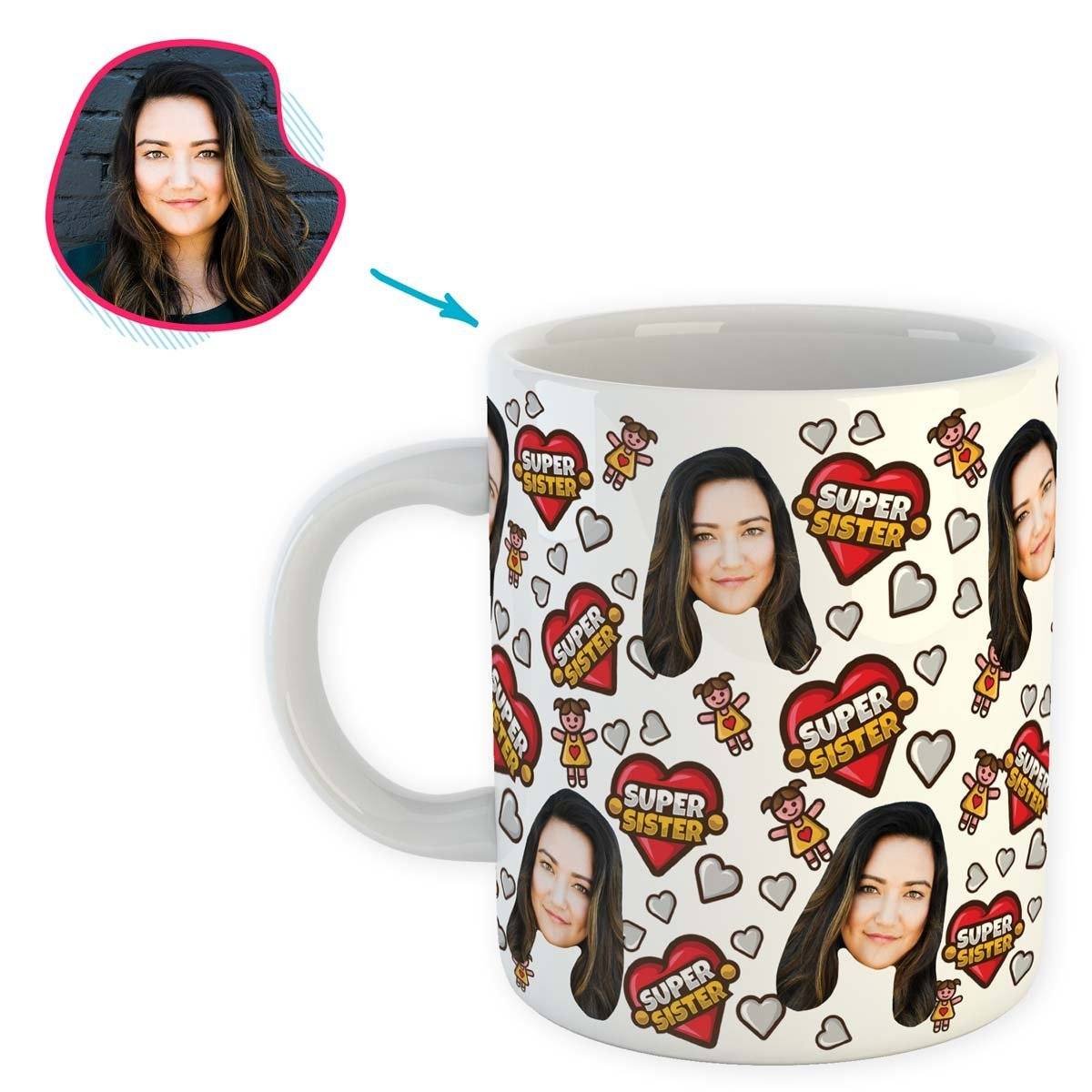 white Super Sister mug personalized with photo of face printed on it