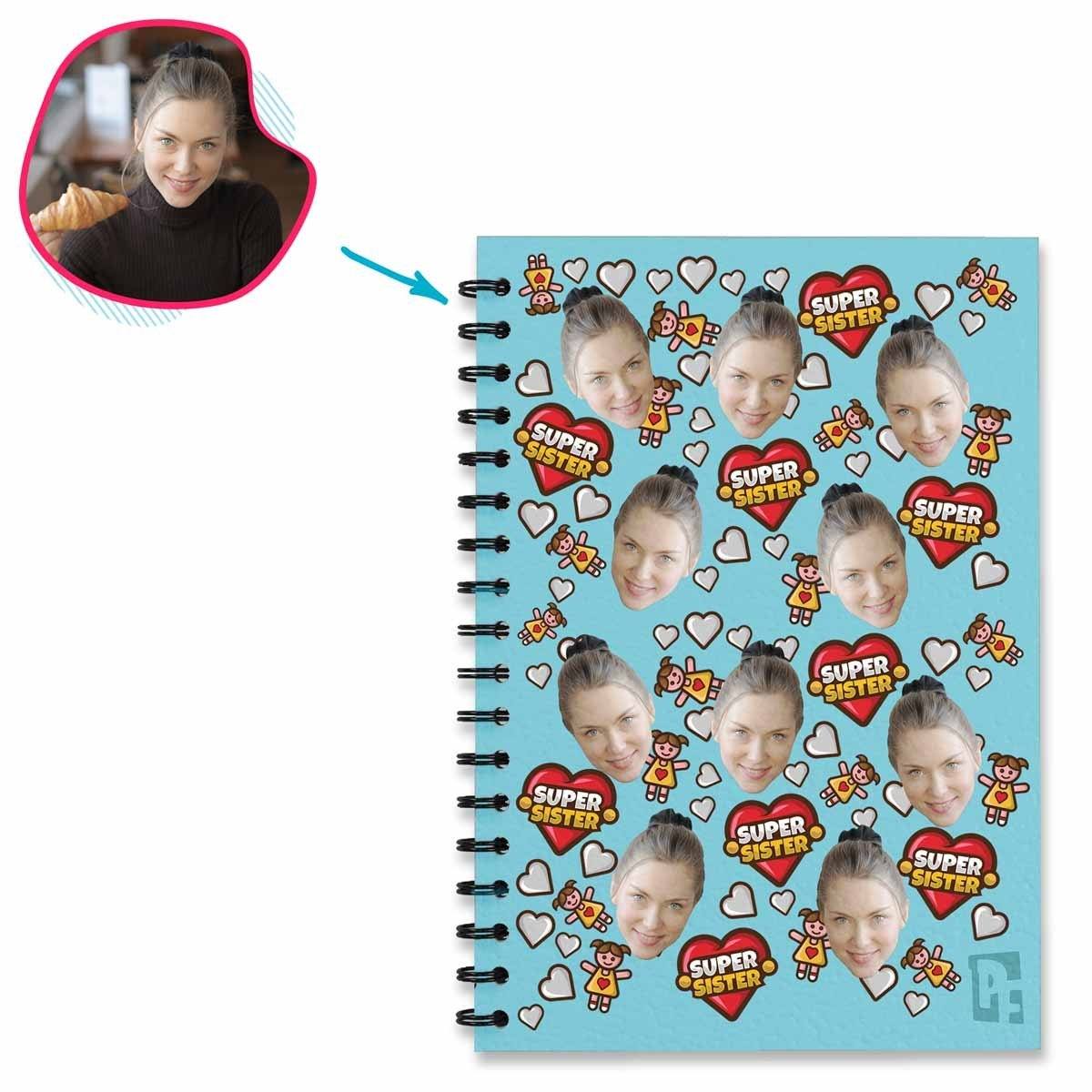 blue Super Sister Notebook personalized with photo of face printed on them