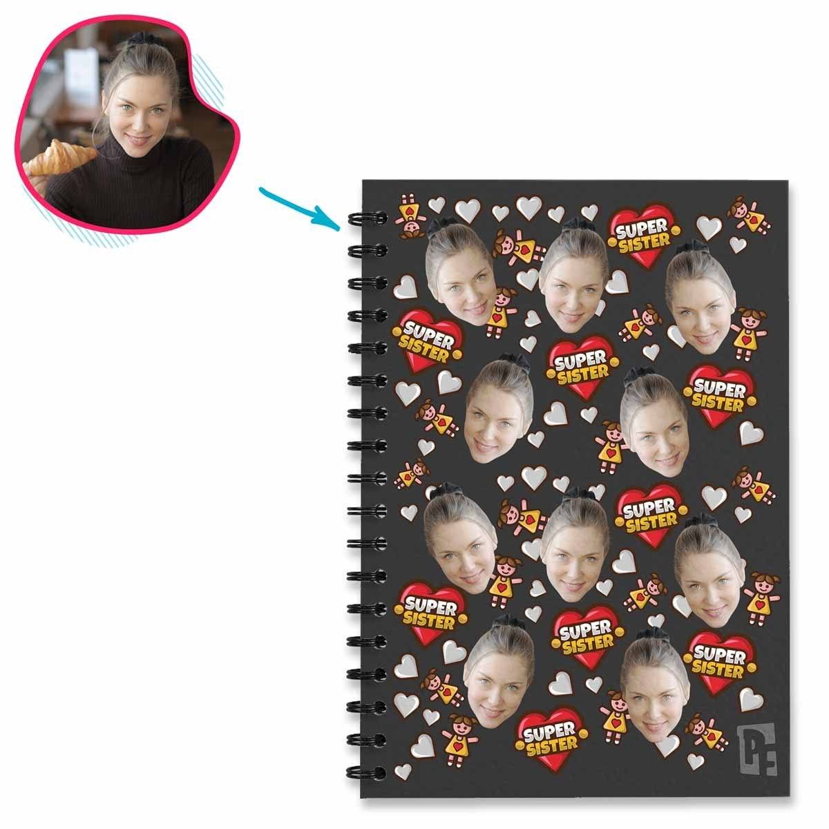 dark Super Sister Notebook personalized with photo of face printed on them