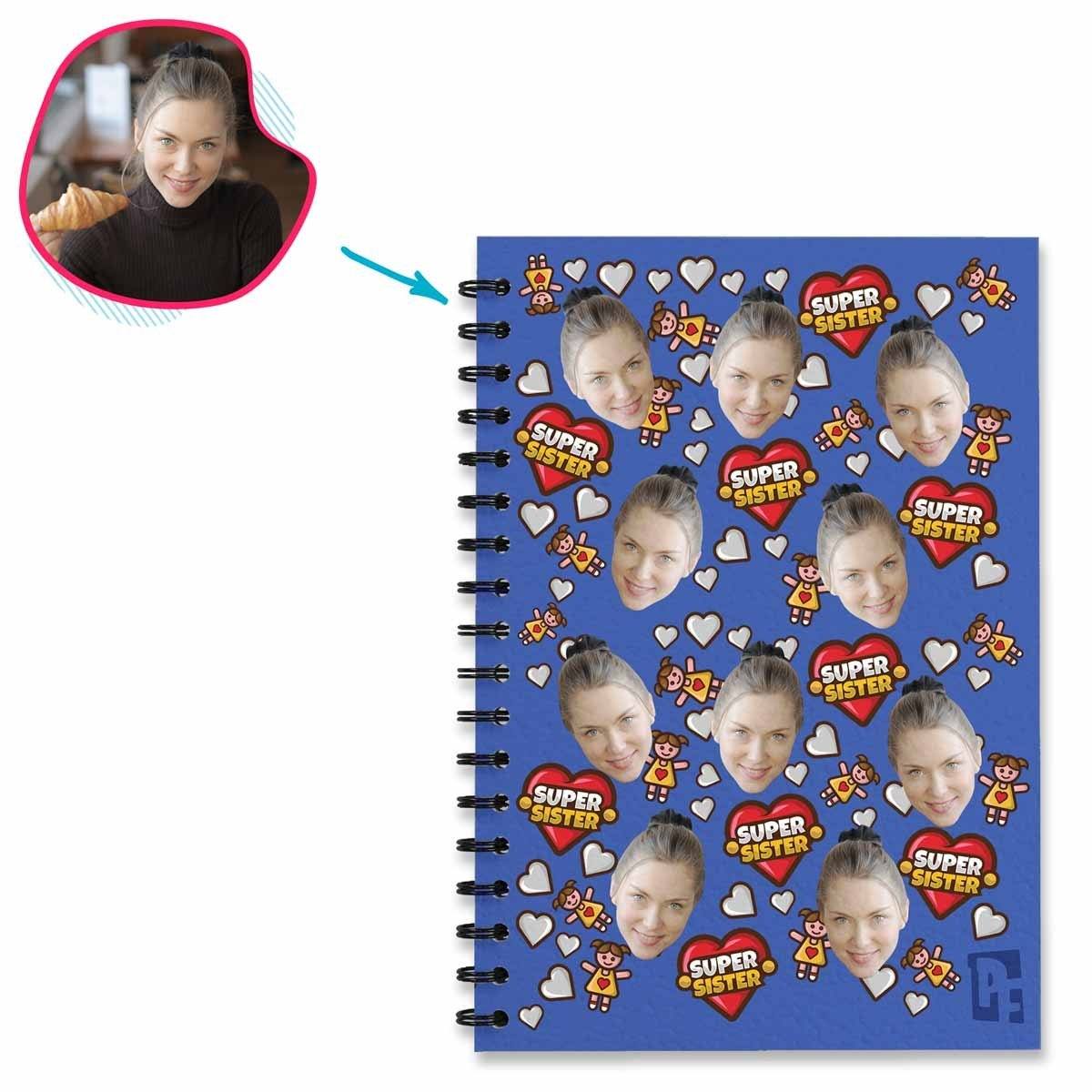 darkblue Super Sister Notebook personalized with photo of face printed on them