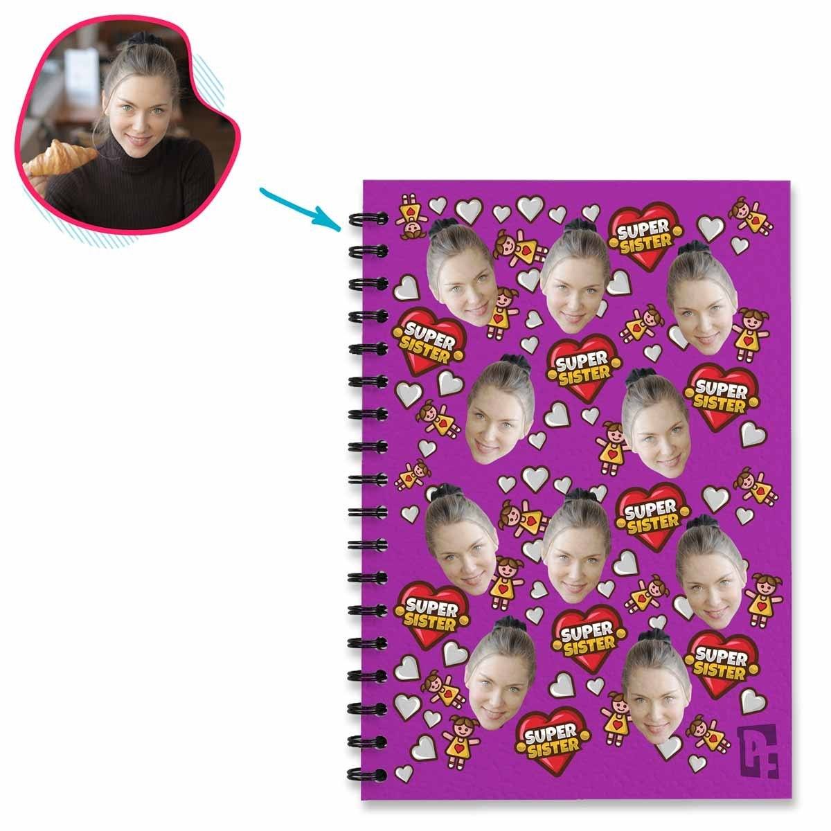 purple Super Sister Notebook personalized with photo of face printed on them
