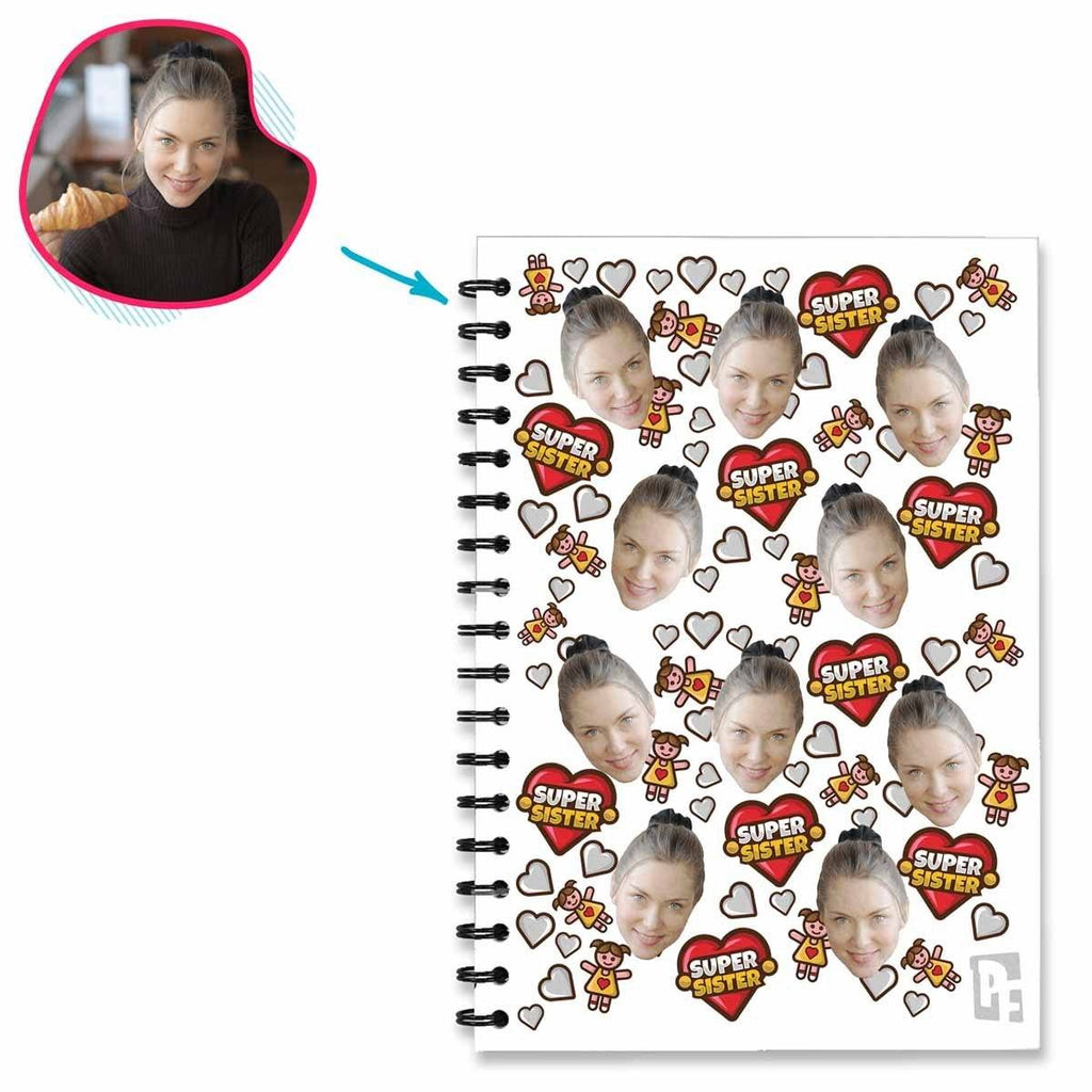 white Super Sister Notebook personalized with photo of face printed on them