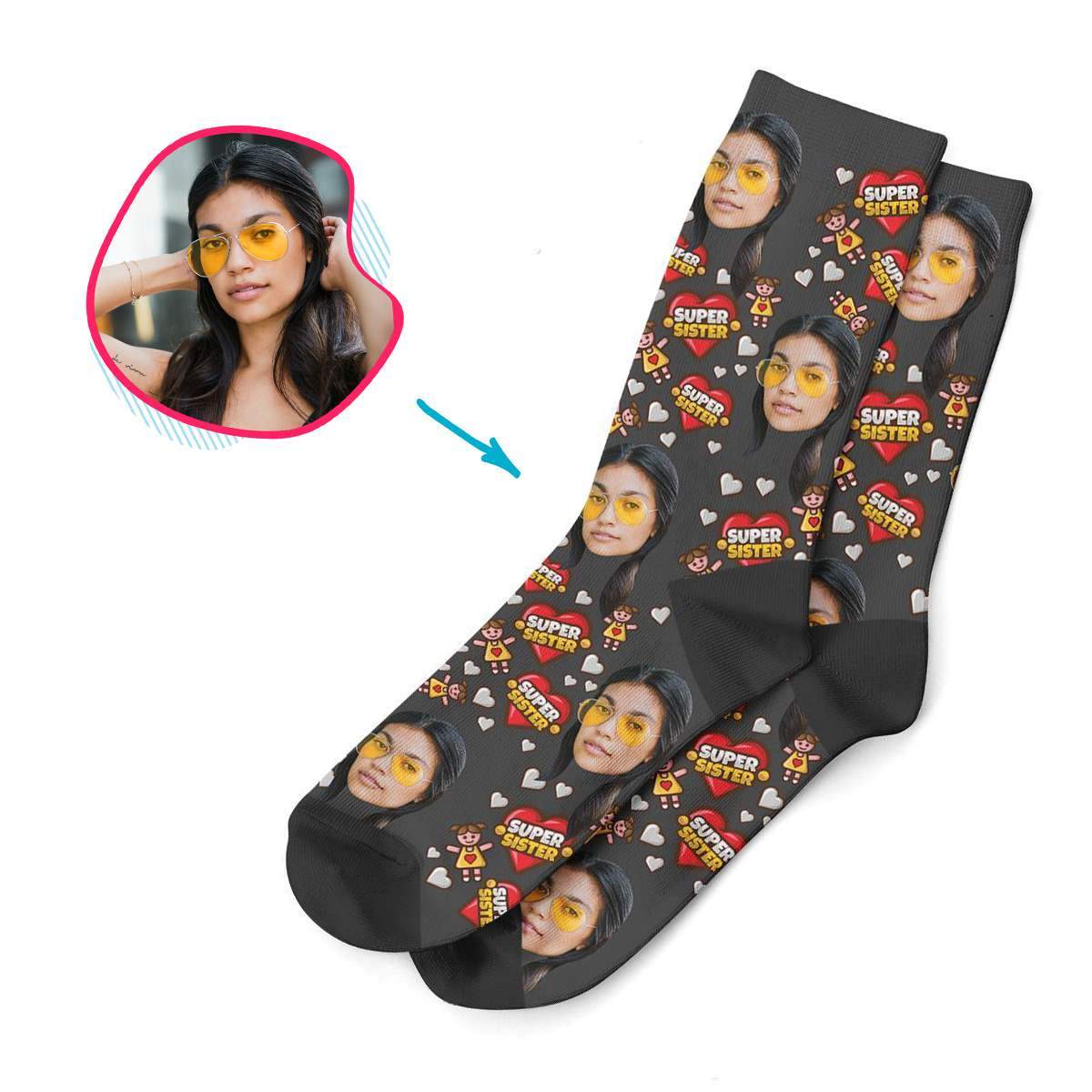 white Super Sister socks personalized with photo of face printed on them
