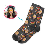 Load image into Gallery viewer, white Super Sister socks personalized with photo of face printed on them
