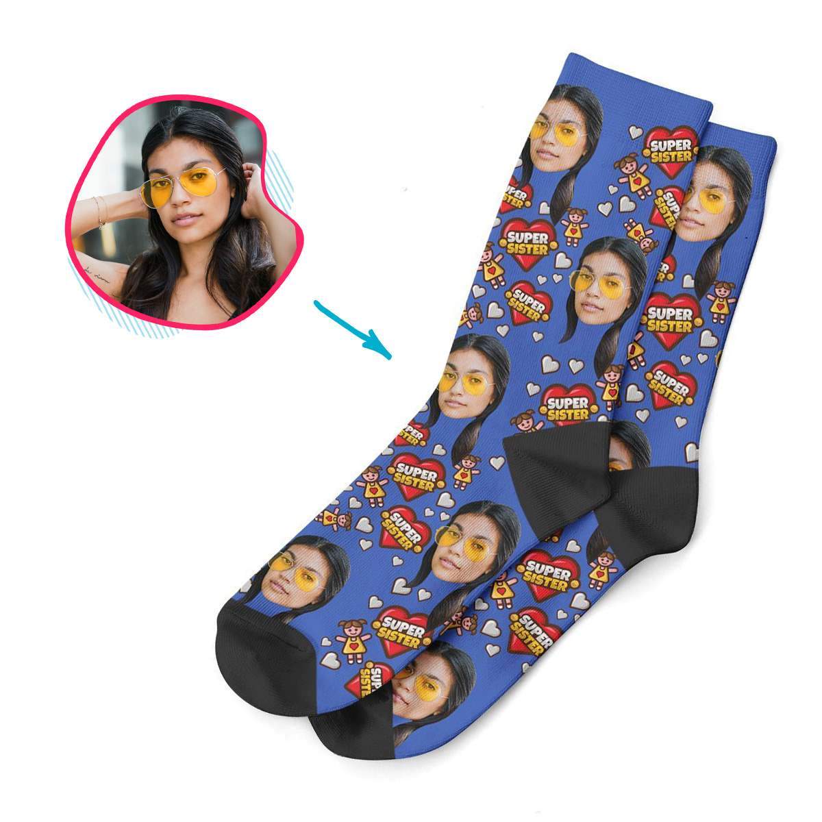 red Super Sister socks personalized with photo of face printed on them