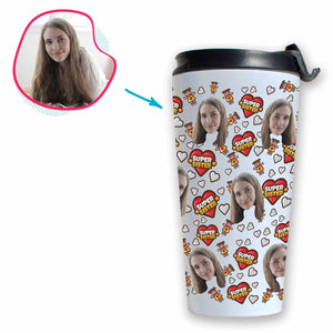 white Super Sister travel mug personalized with photo of face printed on it