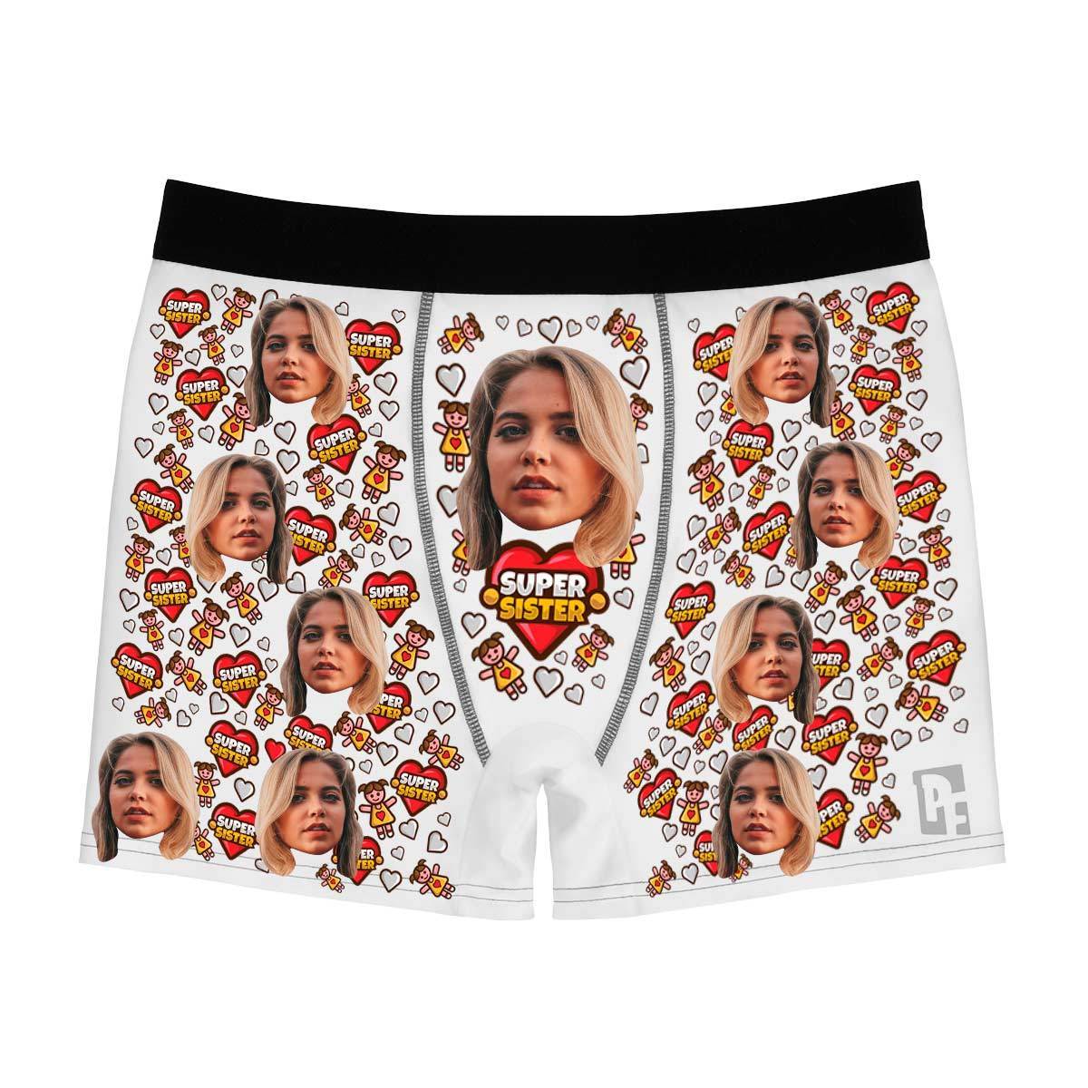 Red Super Sister men's boxer briefs personalized with photo printed on them