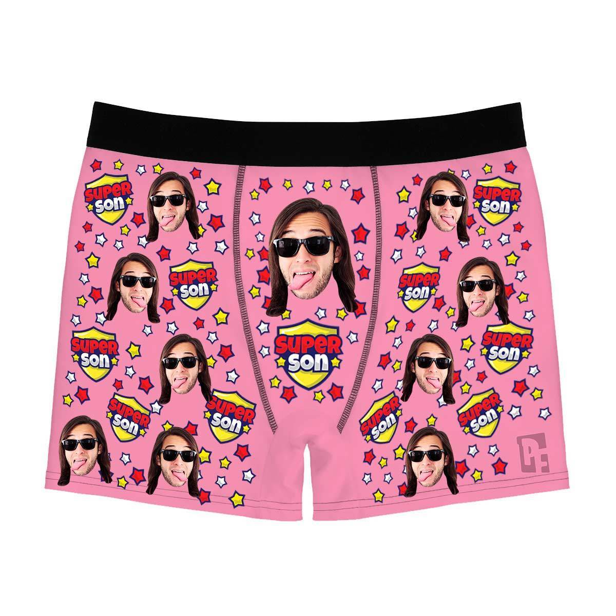 Pink Super son men's boxer briefs personalized with photo printed on them