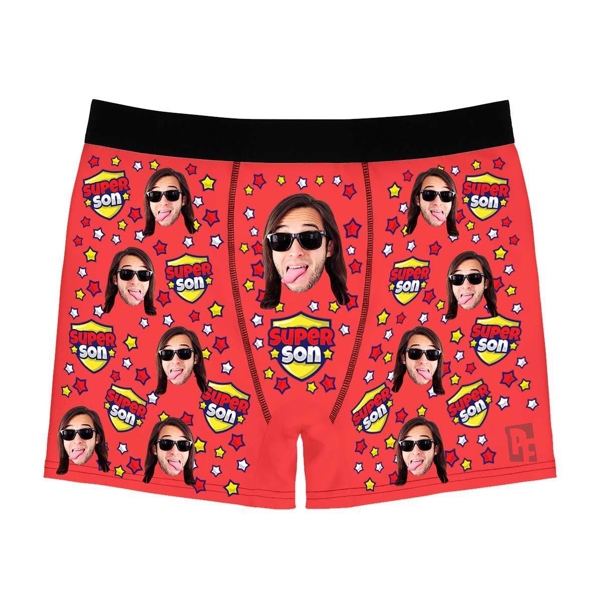 Red Super son men's boxer briefs personalized with photo printed on them