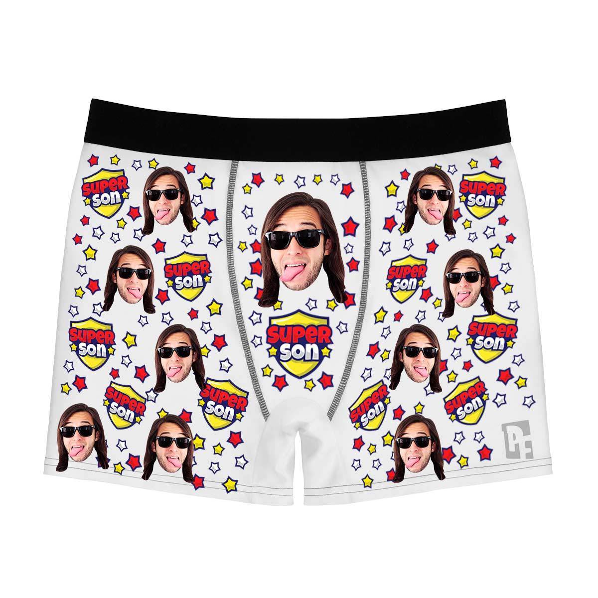 White Super son men's boxer briefs personalized with photo printed on them