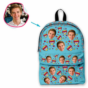 blue Super Son classic backpack personalized with photo of face printed on it