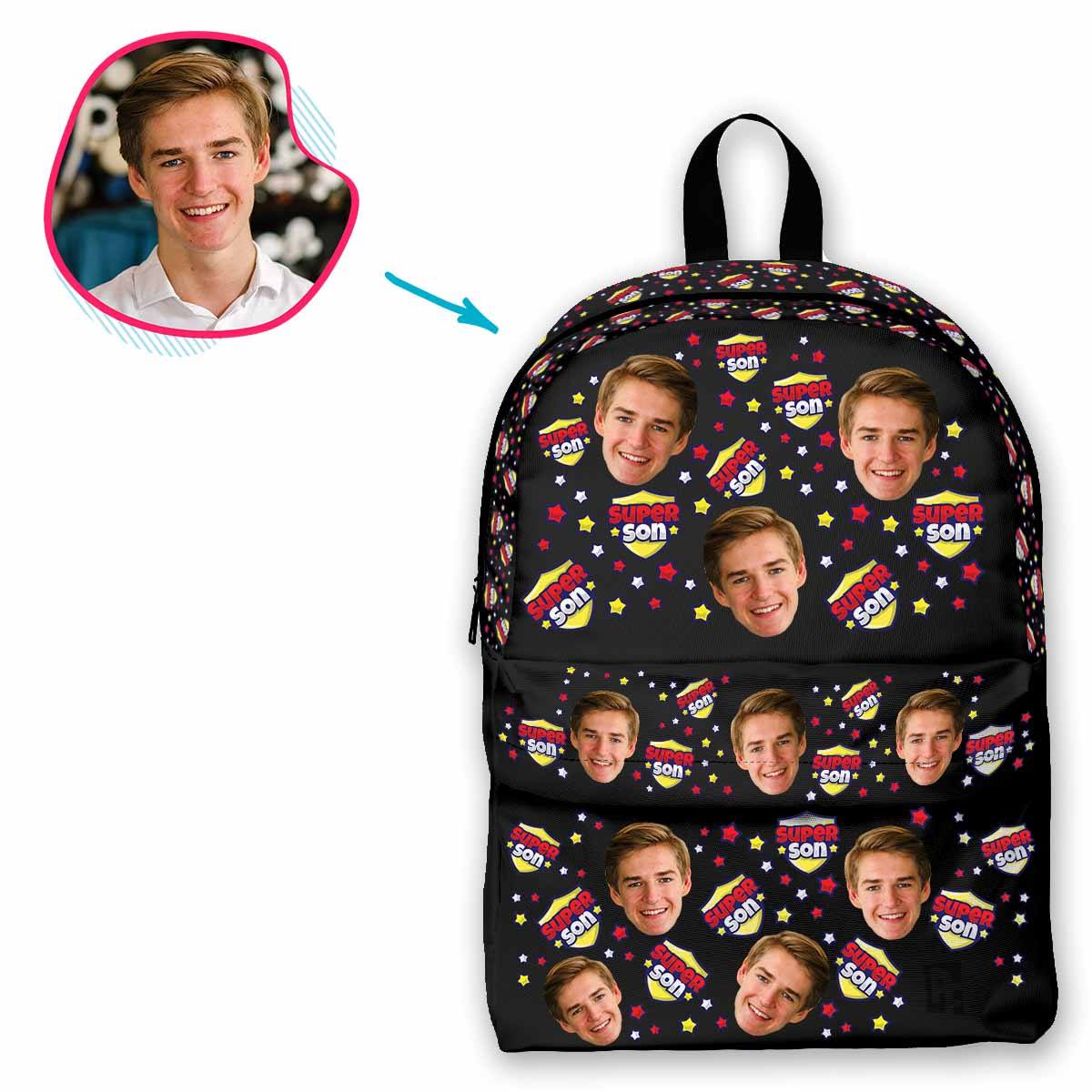 dark Super Son classic backpack personalized with photo of face printed on it