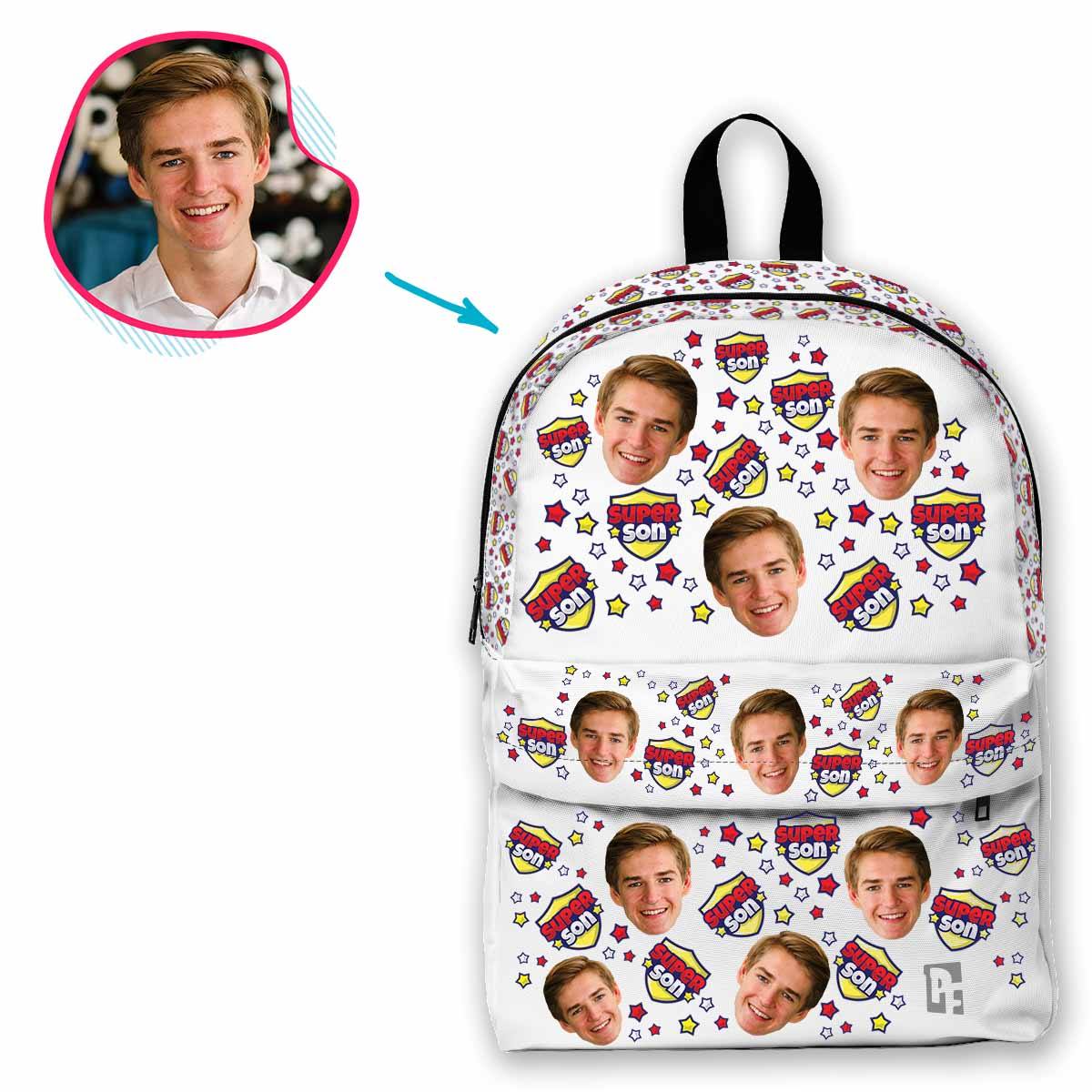white Super Son classic backpack personalized with photo of face printed on it