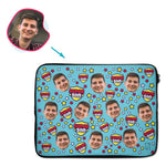 Load image into Gallery viewer, blue Super Son laptop sleeve personalized with photo of face printed on them
