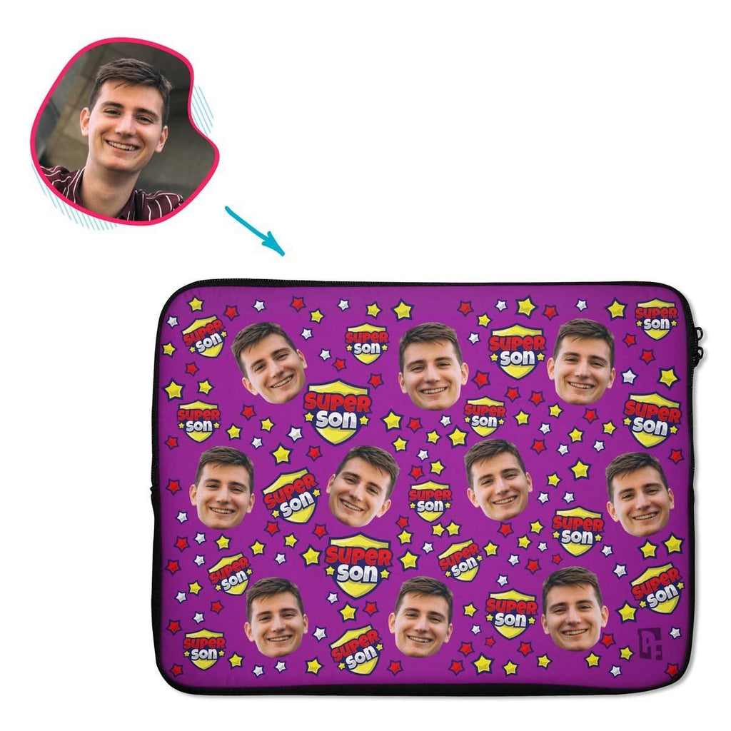 purple Super Son laptop sleeve personalized with photo of face printed on them
