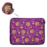 Load image into Gallery viewer, purple Super Son laptop sleeve personalized with photo of face printed on them

