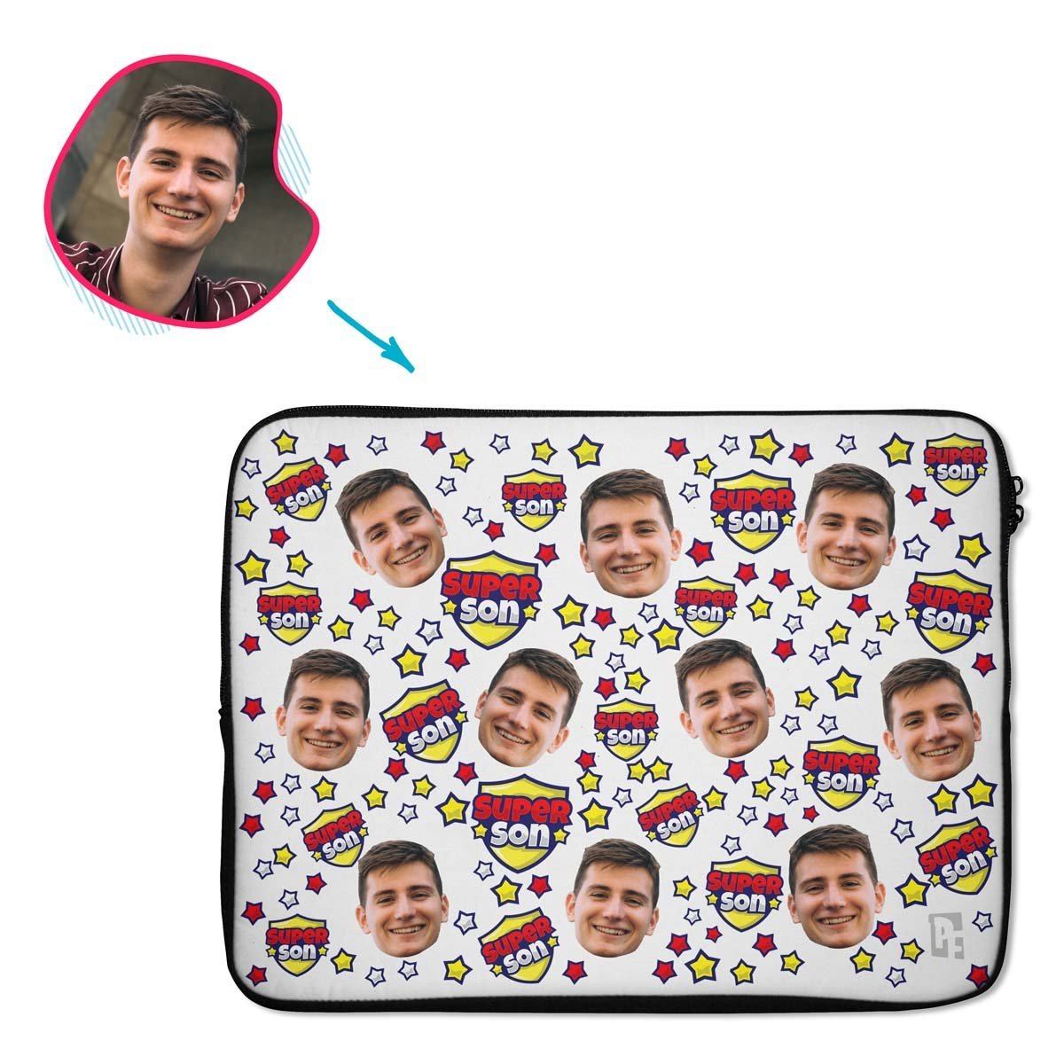white Super Son laptop sleeve personalized with photo of face printed on them