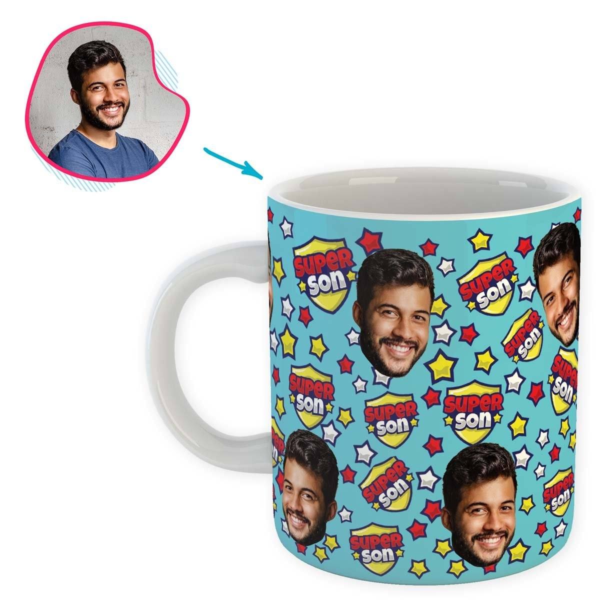 blue Super Son mug personalized with photo of face printed on it