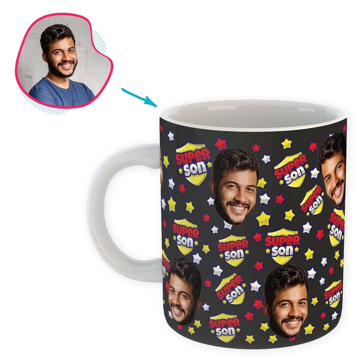 dark Super Son mug personalized with photo of face printed on it