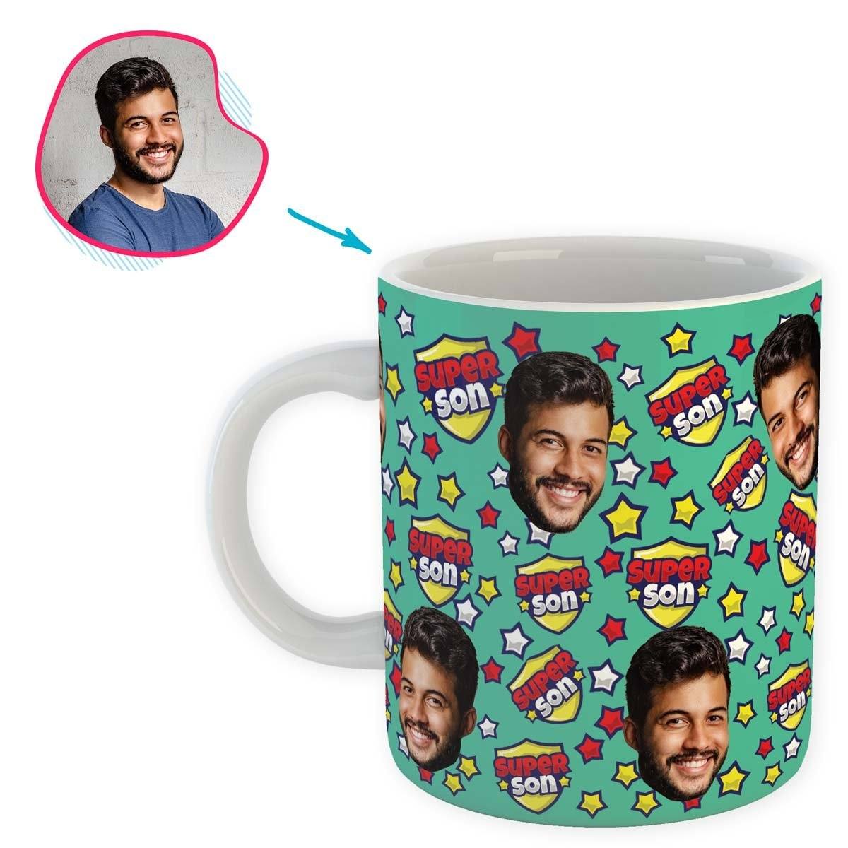 mint Super Son mug personalized with photo of face printed on it