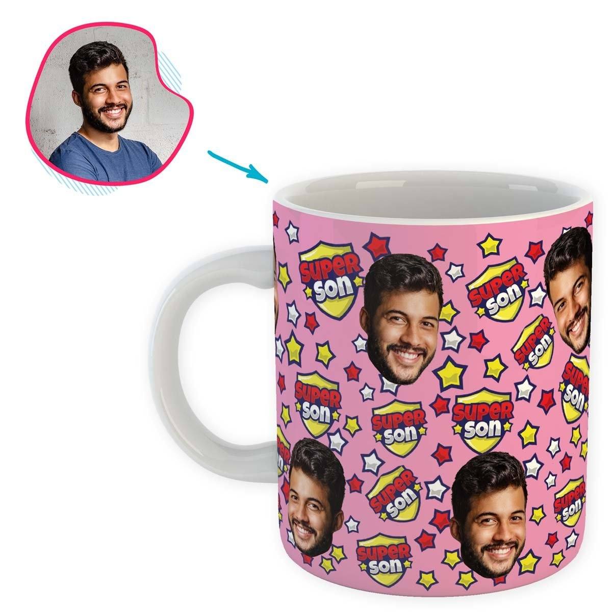 pink Super Son mug personalized with photo of face printed on it
