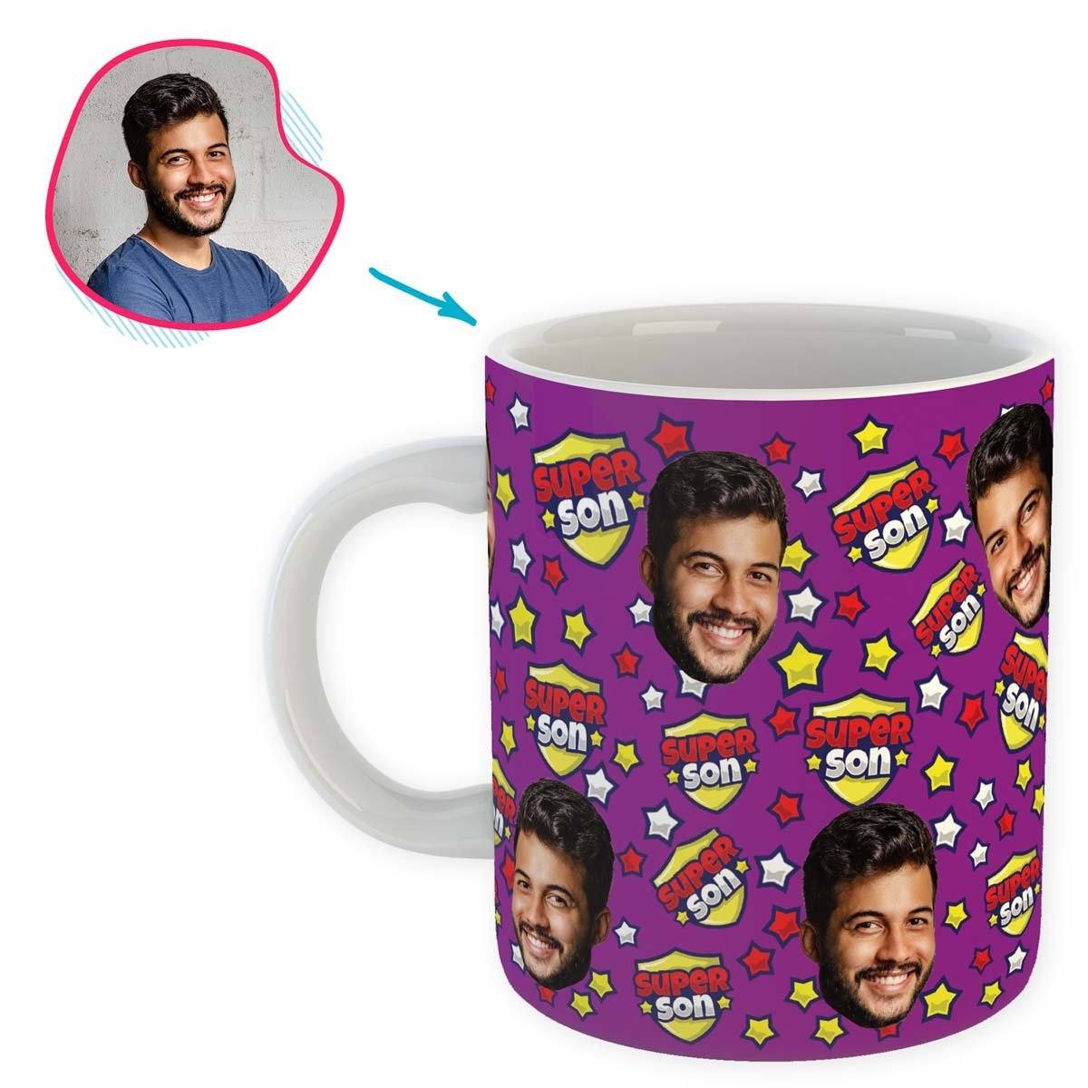 purple Super Son mug personalized with photo of face printed on it