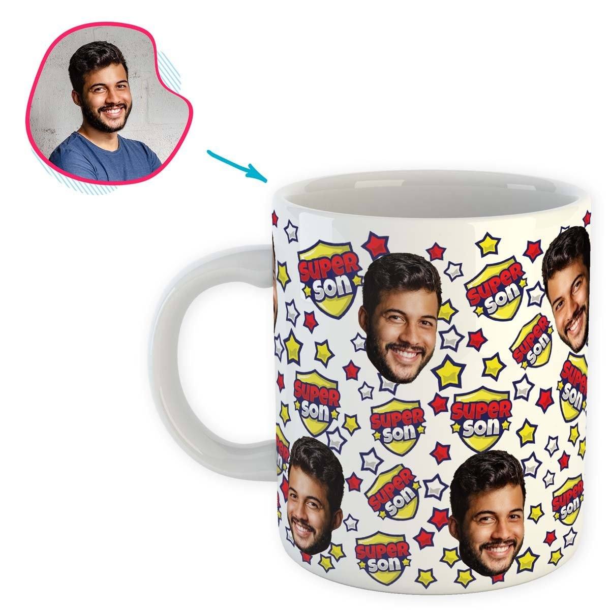 white Super Son mug personalized with photo of face printed on it