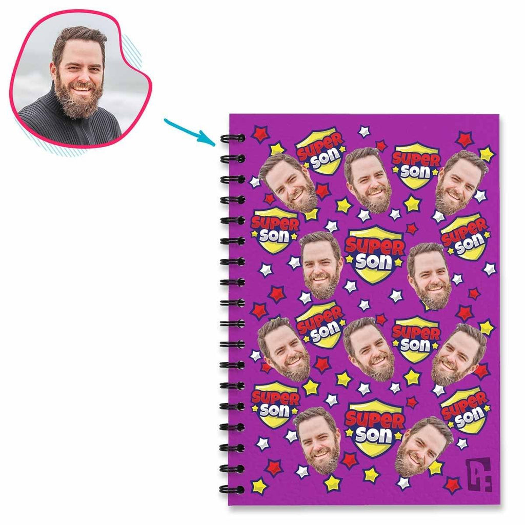 purple Super Son Notebook personalized with photo of face printed on them