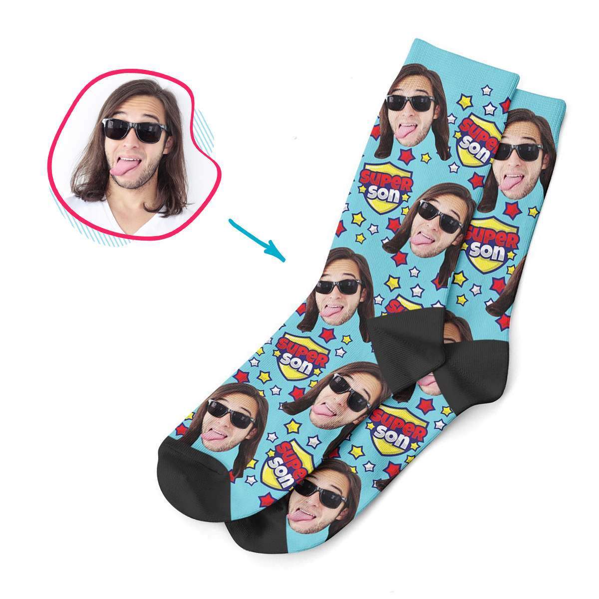 blue Super Son socks personalized with photo of face printed on them
