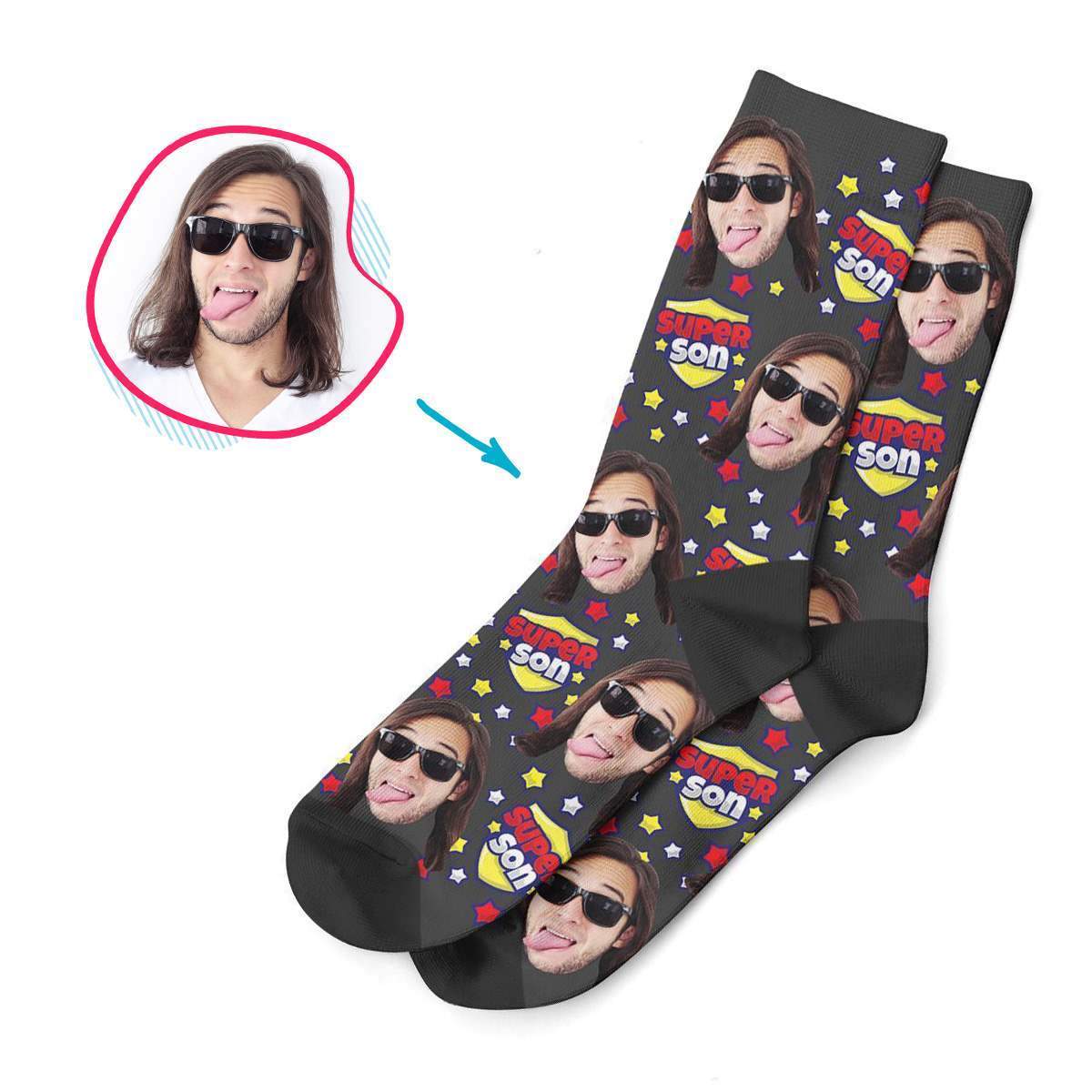 dark Super Son socks personalized with photo of face printed on them